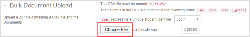 In the Buik Document Upload pane, the Choose File button is highlighted.